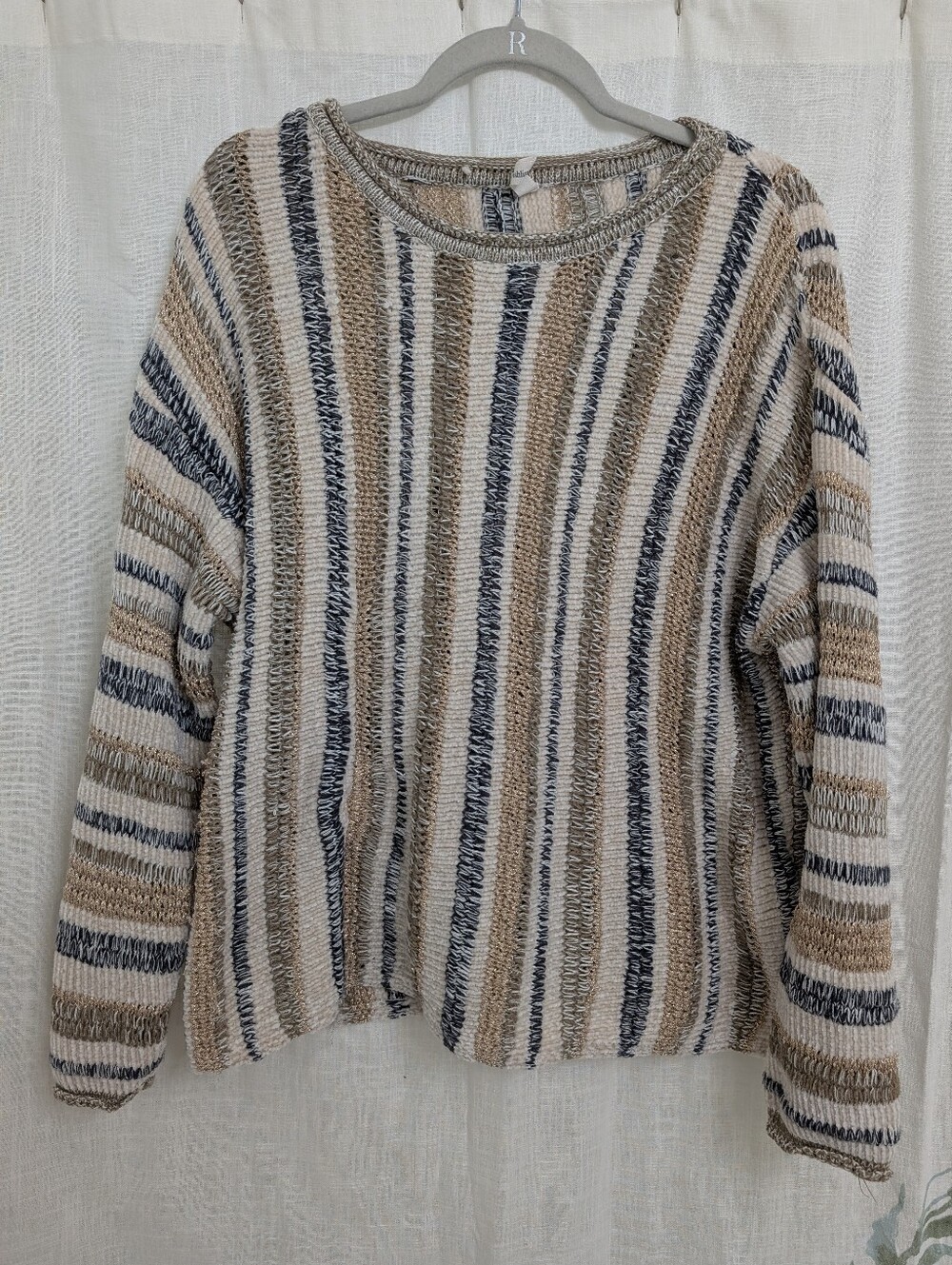 Wishlist Open Knit Striped Sweater Metallic Thread Boho Oversized Pullover M/L